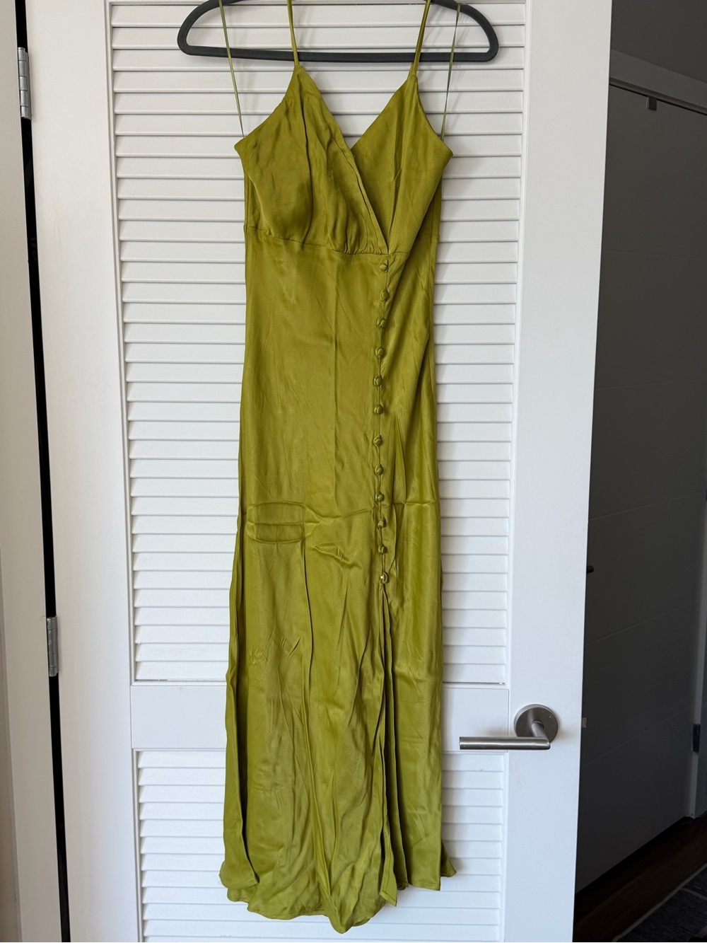 Olive Green satin Maxi Dress with Button-Front Detail